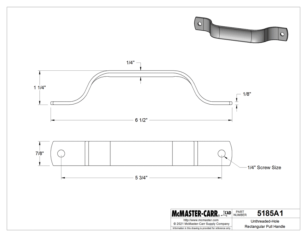 Technical Drawing of Unthreaded-Hole Rectangular Pull Handle, Dull 304 Stainless Steel, 5-3/4" Center-to-Center Width.